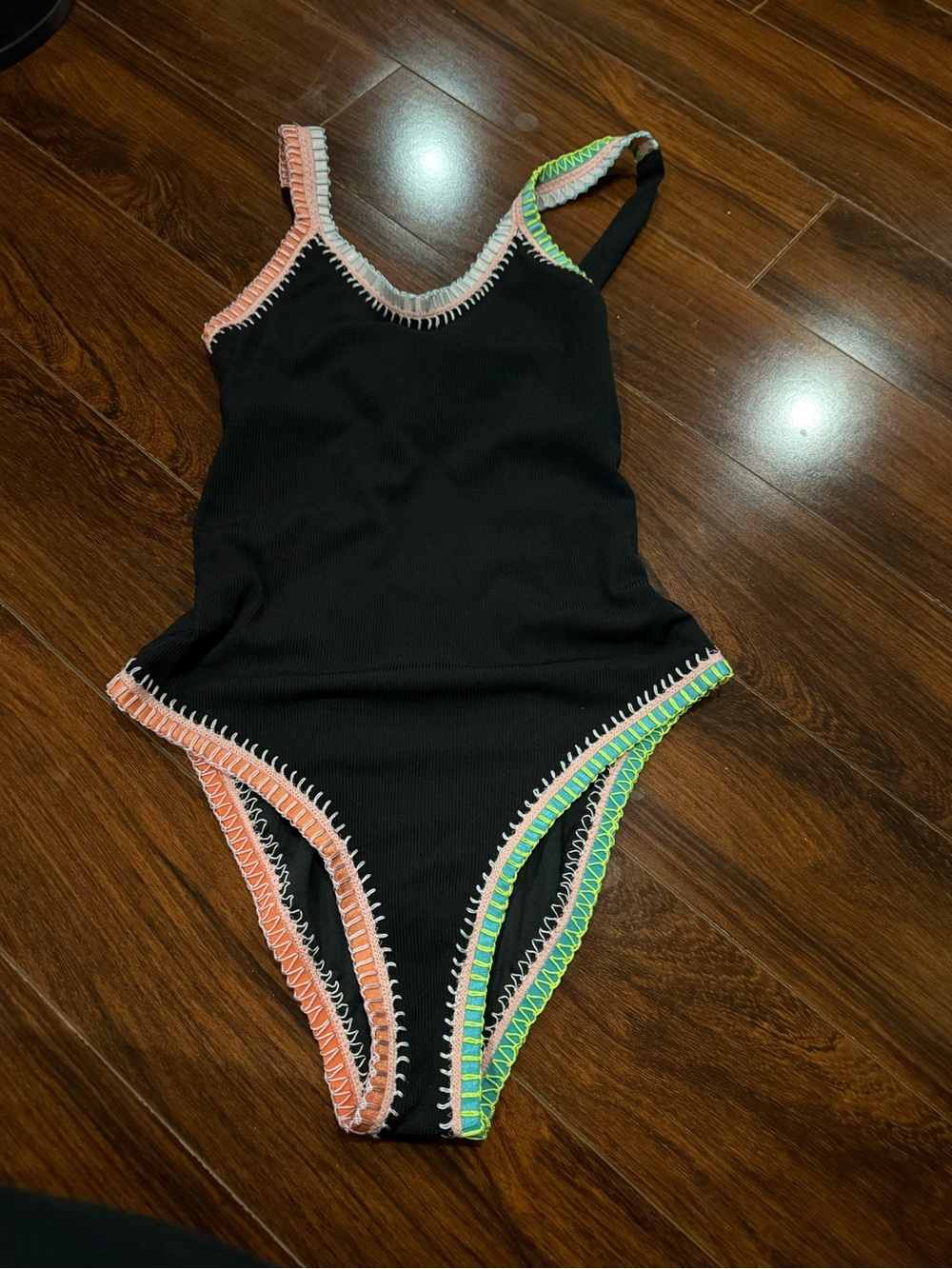 Platinum swimwear Black One-Piece Swimsuit with Multicolor Crochet Trim size med
